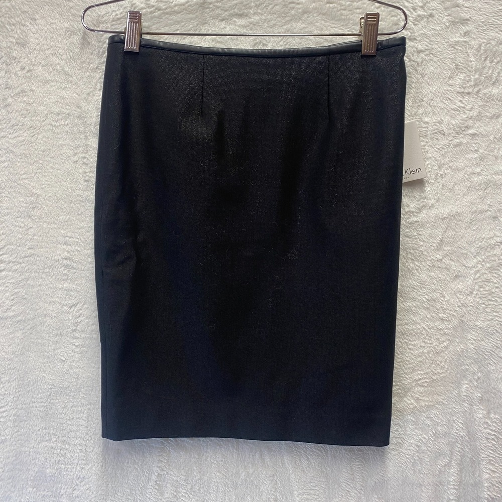 Calvin Klein Mini Skirt Leather Trim 4 Petite Black Lined Classic Pleated Zipper